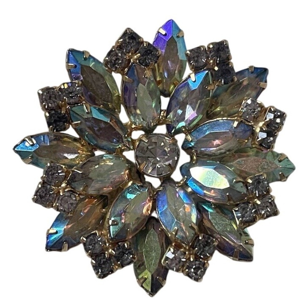 Vintage Shades of Blue Pink Aurora Borelius‎ Rhinestone Layered Large Brooch Pin